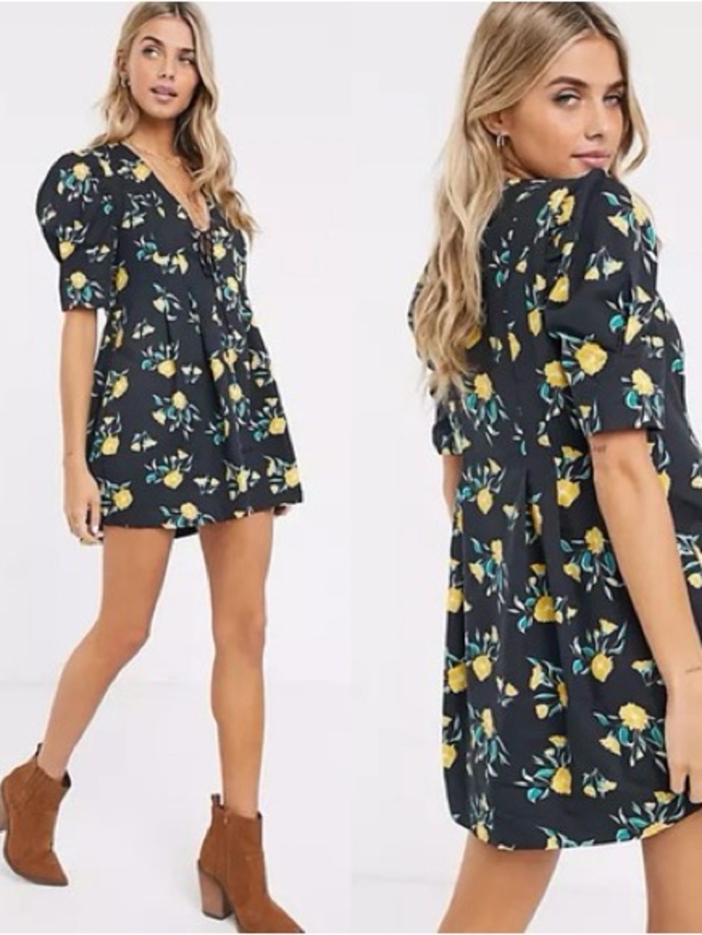 Free People Black Mini Dress with Yellow Floral Print tunic top